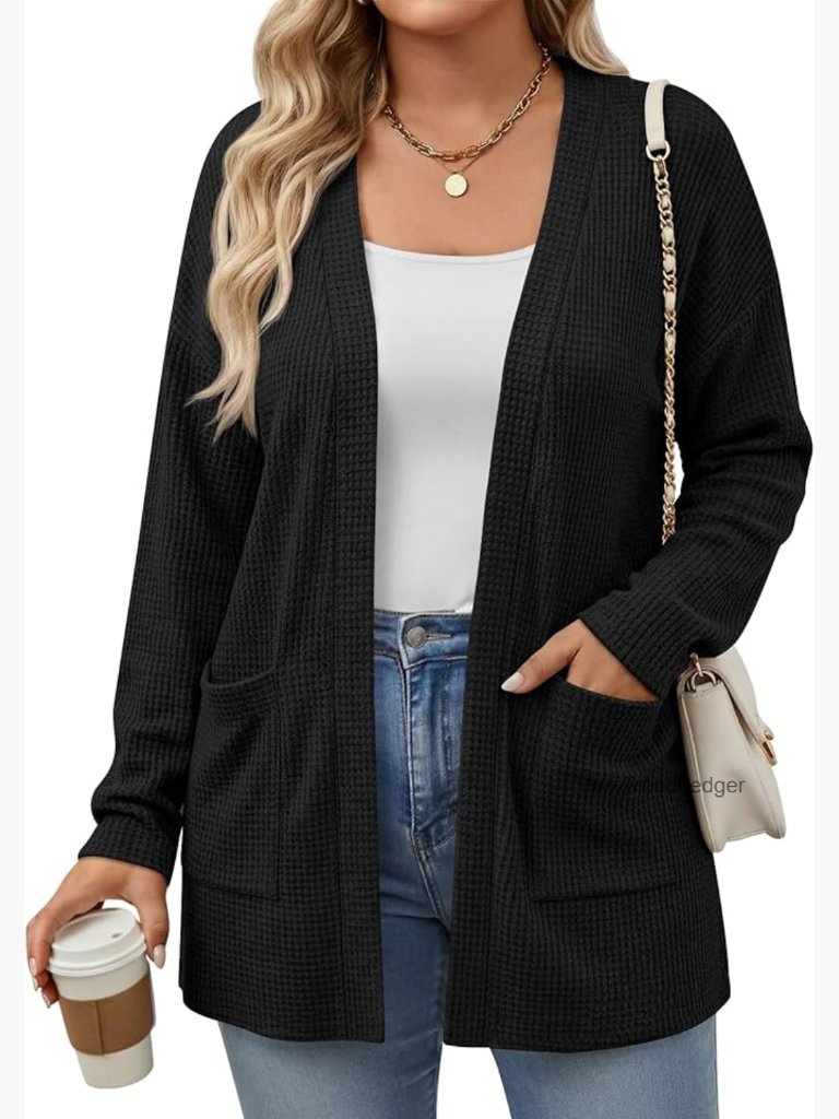 Plus Size Open Front Cardigan Sweater Lightweight Waffle Knit Casual Cover Up